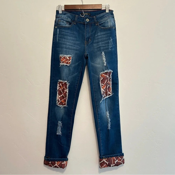 Lucky and Blessed Denim Jeans With Football Patches Size 6 Super Bowl Game Day - Picture 1 of 14